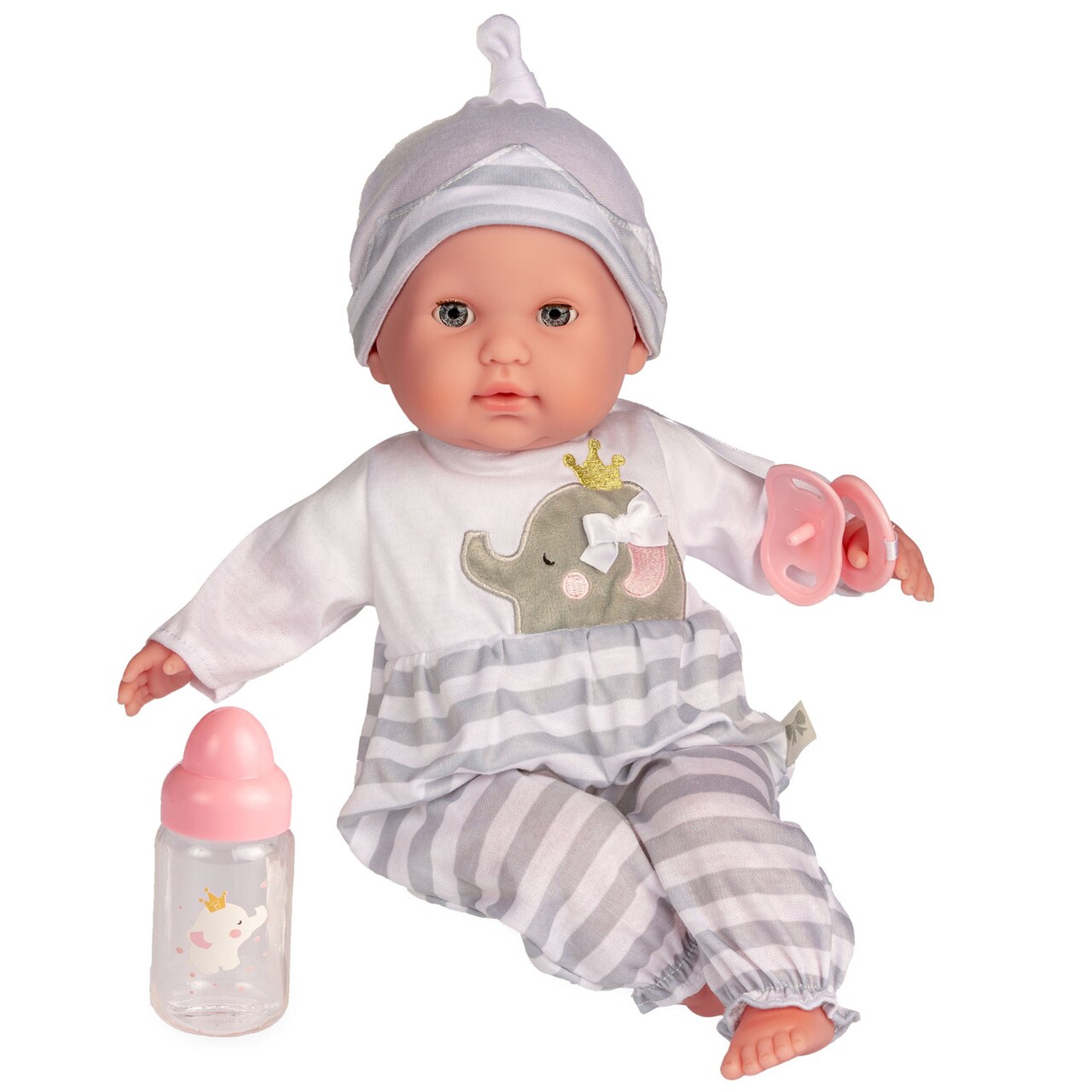 JC Toys Nonis Boutique 15" Realistic Grey Soft Body Baby Doll with Open/Close Eyes | Bottle & Pacifier | Ages 2+